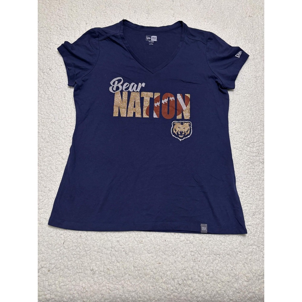 New Era Womens Bear Nation T-shirt Graphic Tee Blue Football V-Neck Size L